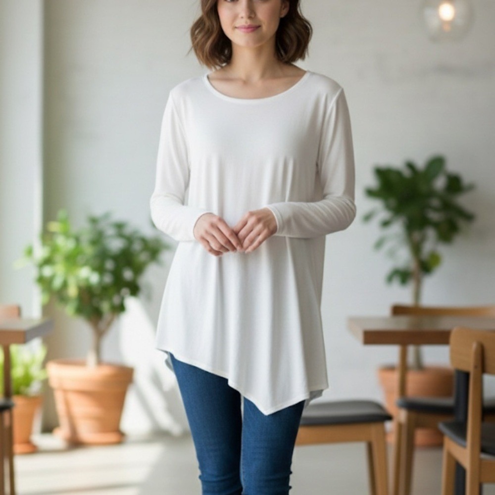 Eileen Fisher White Asymmetrical Long Sleeve Minimalist Top Size L